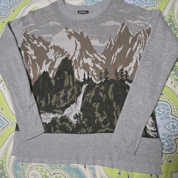 Eddie Bauer Sweaters - Eddie Bauer Mountain Scene Sweater Womens XS Gray Crew Winter Forest Ski Snow